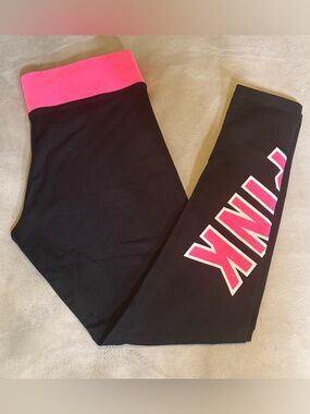 Victoria Secret Black Yoga Leggings with Pink Waistband and ‘PINK' Side Logo
